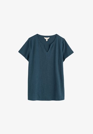 Dámske tričko s krátkym rukávom v tmavozelenej farbe s okrúhlym výstrihom a malým V-tvarovaným zárezom v strede prednej časti.