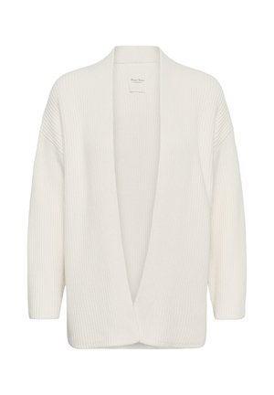 Cárdigan abierto de punto texturizado en blanco. Cuenta con mangas amplias y detalles acanalados. Tejido suave con una silueta relajada.