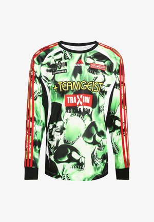 Long-sleeve jersey featuring a vibrant green and black skull pattern, red side stripes, and a black cuffed hem. Made of synthetic material.