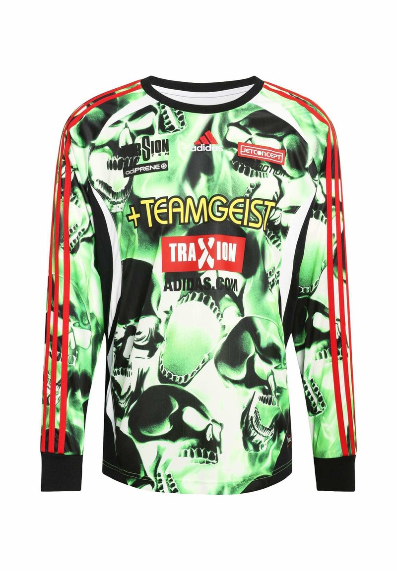 Langsleeve trui met een levendig groen en zwart doodskoppenpatroon, rode zijstrepen en een zwarte omgeslagen zoom. Gemaakt van synthetisch materiaal.