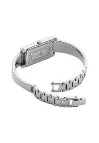 Reloj de acero inoxidable plateado con caja rectangular, esfera gris y pulsera de eslabones con cierre. Resistente al agua hasta 3 ATM.