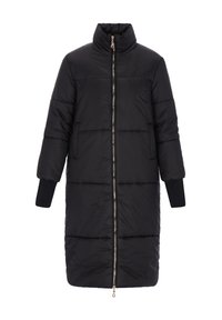 Czarna ocieplana kurtka z wysokim kołnierzem, pełnym zapięciem na zamek z przodu, długimi rękawami i ściągaczami u mankietów. Gładka faktura z poziomym przeszyciem.