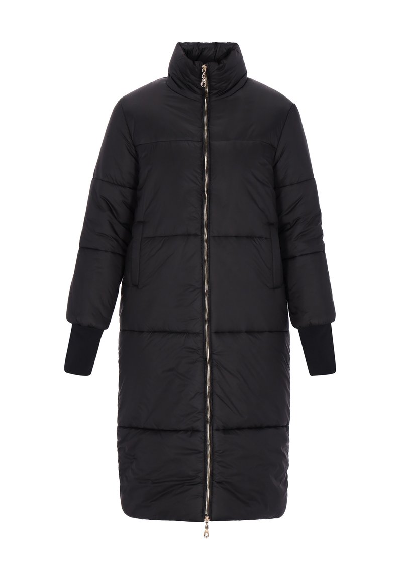 Czarna ocieplana kurtka z wysokim kołnierzem, pełnym zapięciem na zamek z przodu, długimi rękawami i ściągaczami u mankietów. Gładka faktura z poziomym przeszyciem.