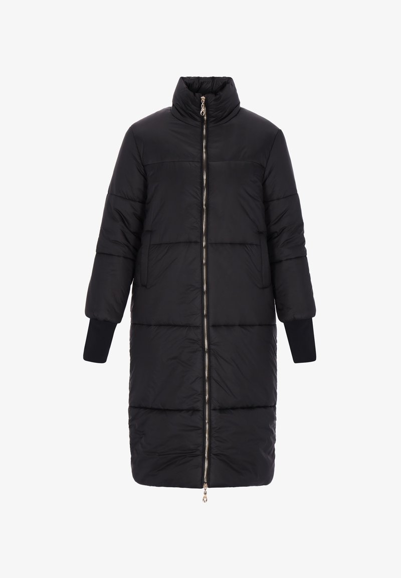 Czarna ocieplana kurtka z wysokim kołnierzem, pełnym zapięciem na zamek z przodu, długimi rękawami i ściągaczami u mankietów. Gładka faktura z poziomym przeszyciem.