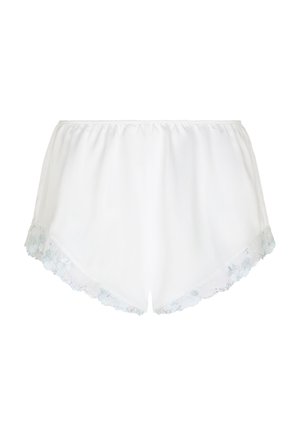 Witte satijnen damesshorts met elastische tailleband en kanten rand langs de zoom, getoond op een witte achtergrond.