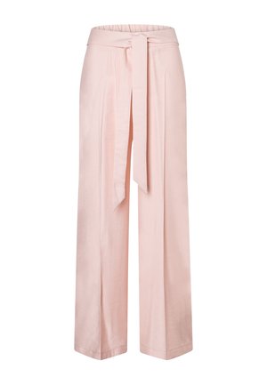 Lichtroze broek met wijde pijpen, een hoge elastische taille en een lange bijpassende stoffen riem die aan de voorkant is gestrikt.