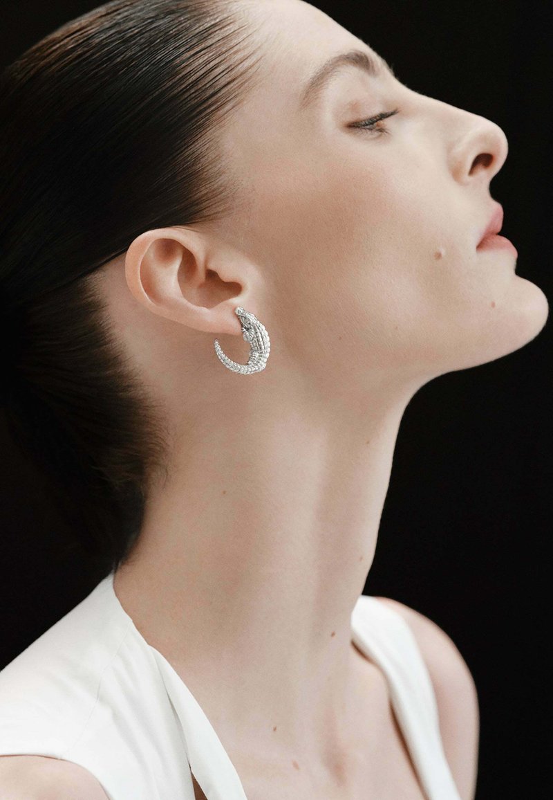 Pendientes en forma de media luna de plata con un diseño texturizado, que presentan pequeños acentos claros, llevados por una persona con un peinado elegante.