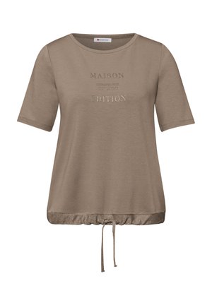 Haut taupe pour femmes à manches courtes, col rond, texte brodé "MAISON EDITION" et ourlet à cordon ajustable avec finition scintillante.