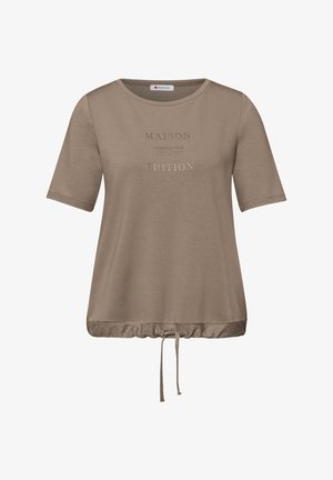 Hnědošedý krátký dámský top s kulatým výstřihem, vyšívaným nápisem "MAISON EDITION" a nastavitelným stahovacím lemem s lesklým efektem.