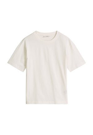 Prosty biały T-shirt z krótkim rękawem, okrągłym dekoltem, regularnym krojem i miękkiej bawełnianej tkaniny.