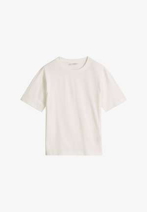 Prosty biały T-shirt z krótkim rękawem, okrągłym dekoltem, regularnym krojem i miękkiej bawełnianej tkaniny.