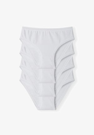 Cinco pares de bragas de algodón blanco con una textura suave, con encaje en el borde de la cinturilla y un diseño de braguita clásico.