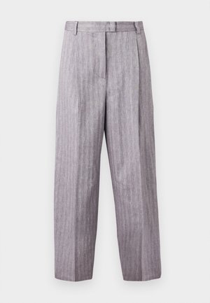 Pantalones de lino gris de pierna recta y talle alto con trabillas para cinturón y cierre frontal oculto, mostrados sobre un fondo blanco.