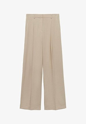 Bežové široké nohavice vyrobené z ľahkého materiálu s hladkou textúrou, prednými skladmi a vysokým pásom s pútkami na opasok.