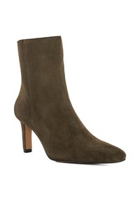 Olive green suede ankle boot with a pointed toe, high stiletto heel, and a smooth texture. Features a sleek silhouette and minimal detailing.