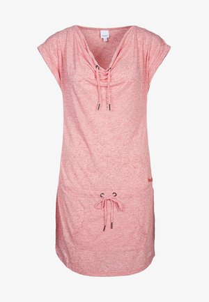 Šaty s krátkým rukávem v světle růžové barvě, se stahovací šňůrkou na výstřihu a pase, se dvěma předními kapsami a texturovaným vzorem tkaniny.