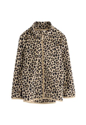 Leopard print fleece zip-up jacket with a high collar and contrasting beige trim. Soft texture, featuring black and brown spots on a tan background.