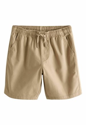 Bézs pamut rövidnadrág elasztikus derékpánttal, húzózsinórral és oldalzsebekkel. Sima textúrájú, laza szabású, varrással díszített.