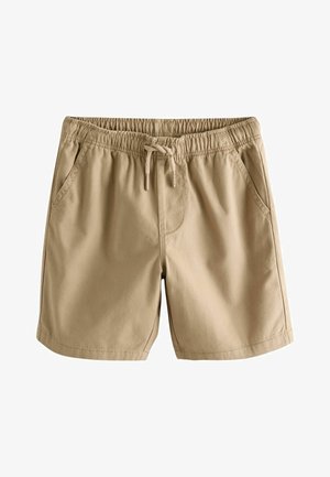 Bež pamučne kratke hlače s elastičnim pojasom, vezicom i bočnim džepovima. Glatka tekstura s opuštenim krojem i šivenim detaljima.