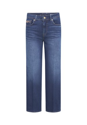 Blaue Jeans mit geradem Bein, vorderen Taschen, Knopfverschluss und dezentem Ausbleichen an Oberschenkeln und Knien.