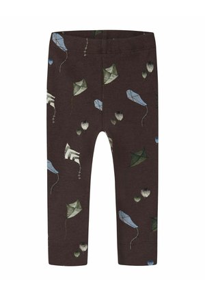 Leggings pour enfants couleur brun foncé avec un motif de cerfs-volants bleus, verts et beiges ainsi que de moulinets dispersés sur le tissu.