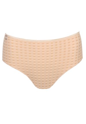 Beige patterned women’s underwear with a checked texture, lace trim, and a small decorative accent on the left side.