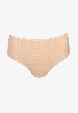 Sous-vêtements féminins beiges à motif avec une texture à carreaux, une bordure en dentelle et un petit accent décoratif sur le côté gauche.