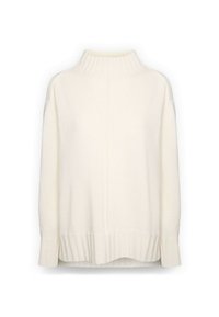 Cremefarbener Strickpullover mit geripptem hohem Kragen, Bündchen und Saum, mit lockerem Schnitt und leicht abgesenkten Schultern.