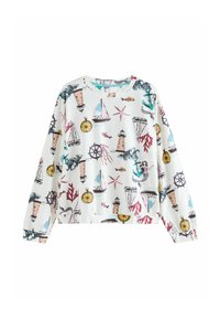 Mikina s dlouhým rukávem s bílým podkladem, zdobená barevným námořnickým potiskem majáků, plachetnic, kompasů a mořského života.