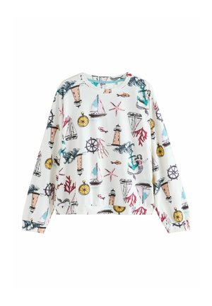 Ilgomis rankovėmis džemperis su balta fono spalva, puoštas spalvingu jūriniu piešiniu su švyturiais, burlaiviais, kompasais ir jūrų gyvenimu.