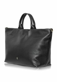 Czarna skórzana torba tote z teksturowanym wykończeniem, dwiema mocnymi uchwytami i subtelnym złotym logo z przodu. Gładkie wykończenie wnętrza.