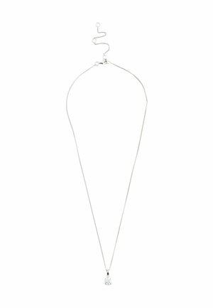 Collier en argent avec une chaîne fine et lisse et un pendentif comportant une pierre claire et scintillante. Design simple avec un fermoir sécurisé et une chaîne d'extension.