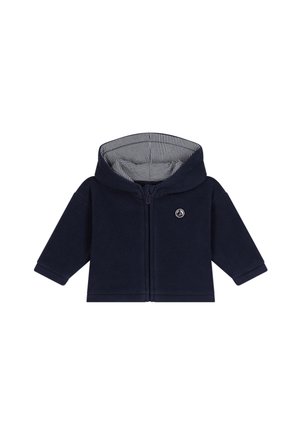 Marineblå fleecehættetrøje med lynlås foran, lange ærmer og et stribet indvendigt for; har en lille logo på brystet.