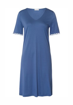 Blaues V-Ausschnitt-Kleid mit kurzen Ärmeln, aus glattem Stoff gefertigt. Verfügt über gewelltes Finish an den Ärmeln und einen lockeren Schnitt, knielanges Design.
