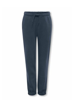 Marineblå joggingsbukser med elastisk talje, snøre, sidelommer og elastiske manchetter ved anklerne.