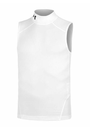 T-shirt de compression athlétique blanc sans manches avec un col montant et un petit logo noir près du col.