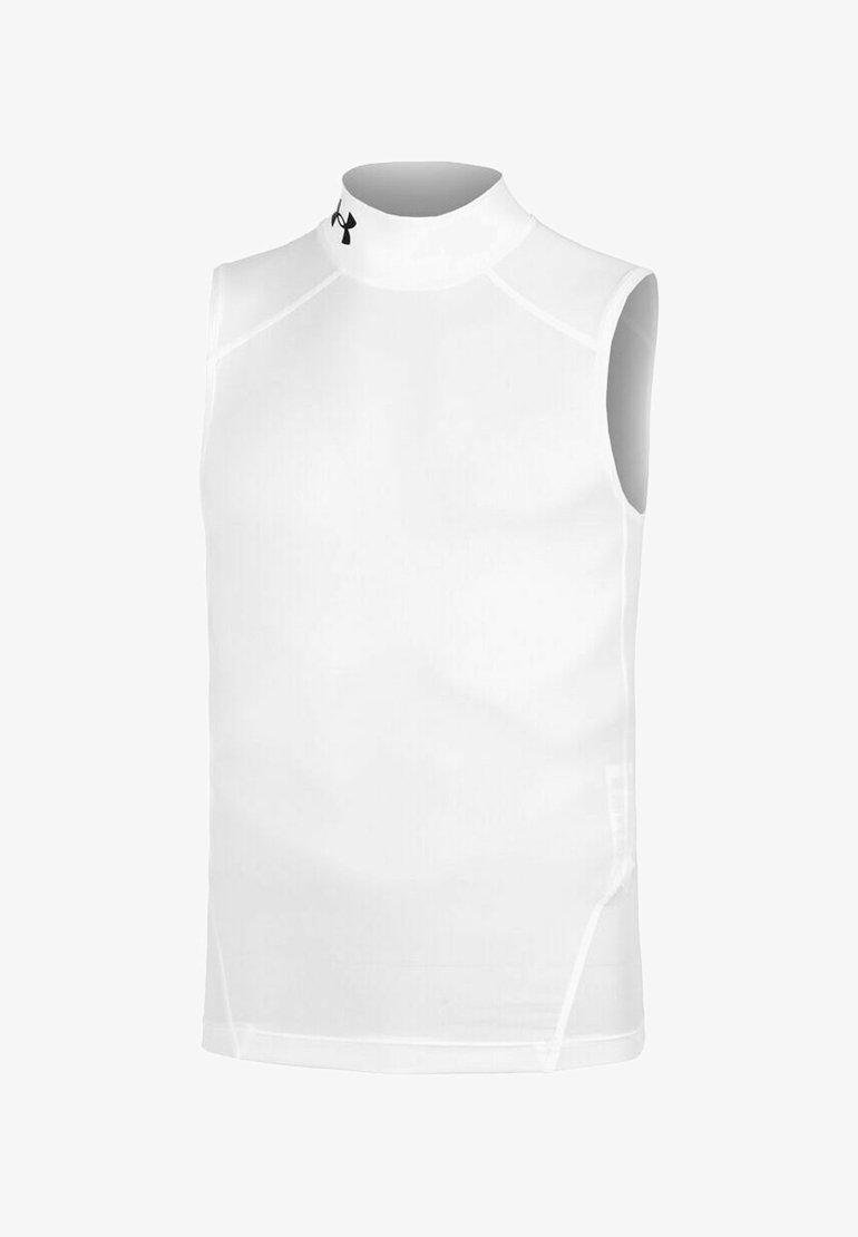 T-shirt de compression athlétique blanc sans manches avec un col montant et un petit logo noir près du col.