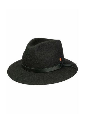 Dark gray felt fedora hat with wide brim and black leather band featuring a small round copper-colored emblem on the side.