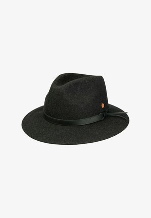Dark gray felt fedora hat with wide brim and black leather band featuring a small round copper-colored emblem on the side.
