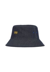 Denim bucket hat, dark blue with contrasting white stitching, featuring a yellow G-Star logo on the front, and blue accent eyelets.