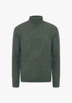 Pulli tricotat cu guler înalt, de culoare verde închis, cu manșete, tiv și guler cu nervuri, având modele texturate subtile pe față și mâneci.