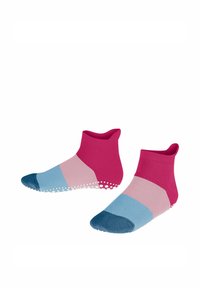 Chaussettes de cheville colorées avec un design à rayures rose, rose clair et bleu, dotées d'une semelle à texture antidérapante et d'un orteil bleu foncé.