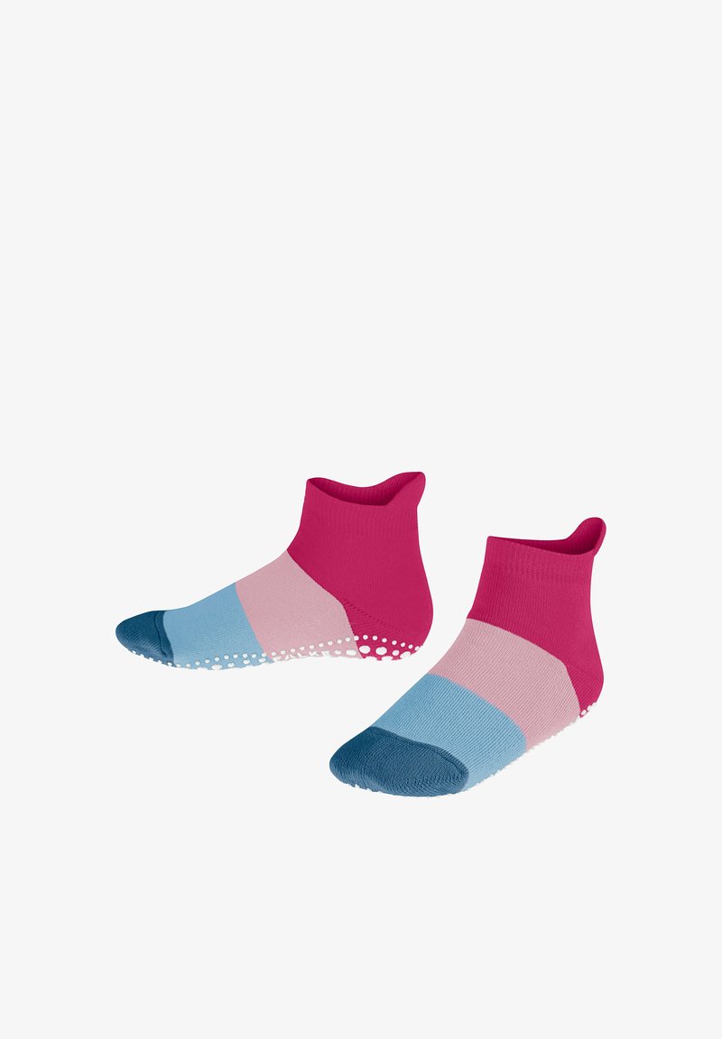 Chaussettes de cheville colorées avec un design à rayures rose, rose clair et bleu, dotées d'une semelle à texture antidérapante et d'un orteil bleu foncé.