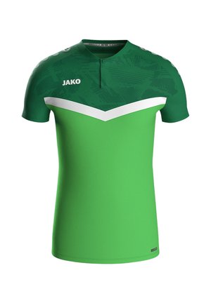 Maillot de sport vert en tissu léger, avec une partie supérieure texturée arborant un design en chevron blanc, des manches courtes et un col à boutons.