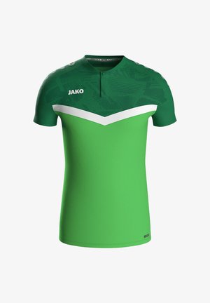 Grünes Sporttrikot aus leichtem Stoff, mit einer strukturierten Oberseite und einem weißen Chevron-Design, kurzen Ärmeln und einem knöpfbaren Kragen.