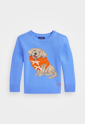Maglione blu a maglia con un design testurizzato che raffigura un cane in un giubbotto di salvataggio arancione. Polsini e orlo a costine, con "R.L." ricamato in arancione.