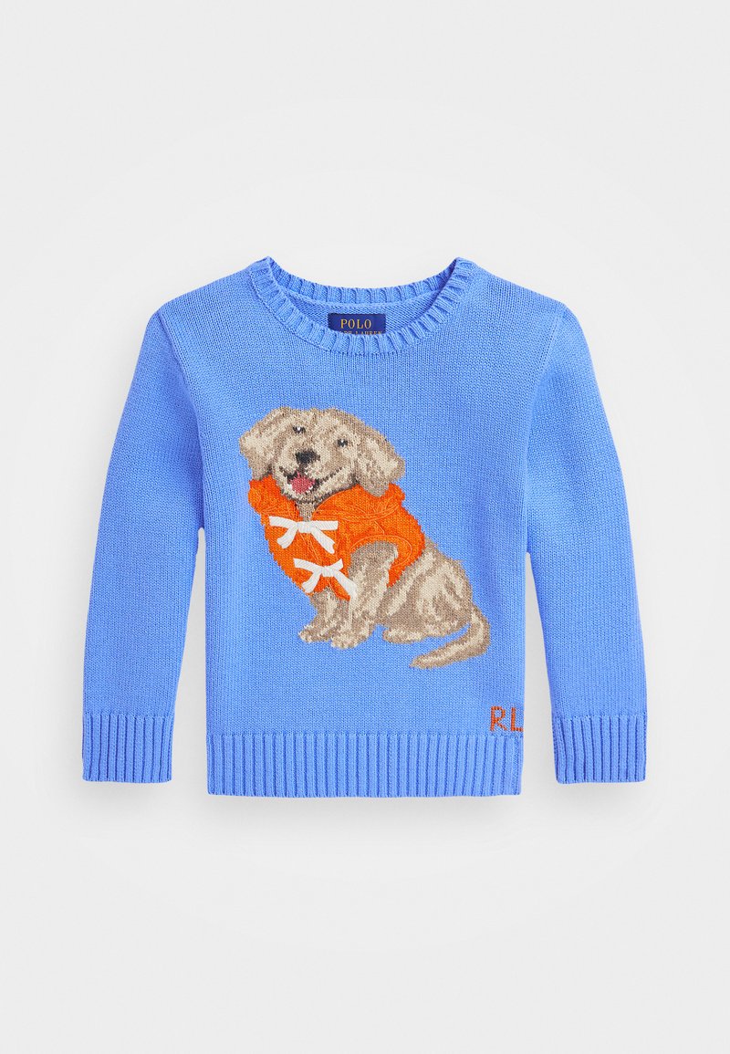 Pull en tricot bleu avec un design texturé d'un chien dans une veste de sauvetage orange. Manches et ourlet côtelés, avec "R.L." brodé en orange.