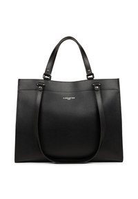 Sac fourre-tout en cuir noir avec une surface texturée, poignées doubles, logo à l'avant et forme rectangulaire élégante. Design minimaliste sans quincaillerie visible.