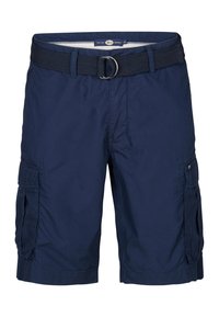 Marineblauwe cargoshorts van lichtgewicht stof, met een brede tailleband met riem, twee zijzakken en gestikte accenten.