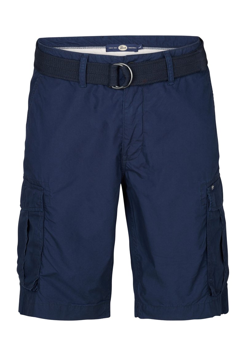 Marineblauwe cargoshorts van lichtgewicht stof, met een brede tailleband met riem, twee zijzakken en gestikte accenten.